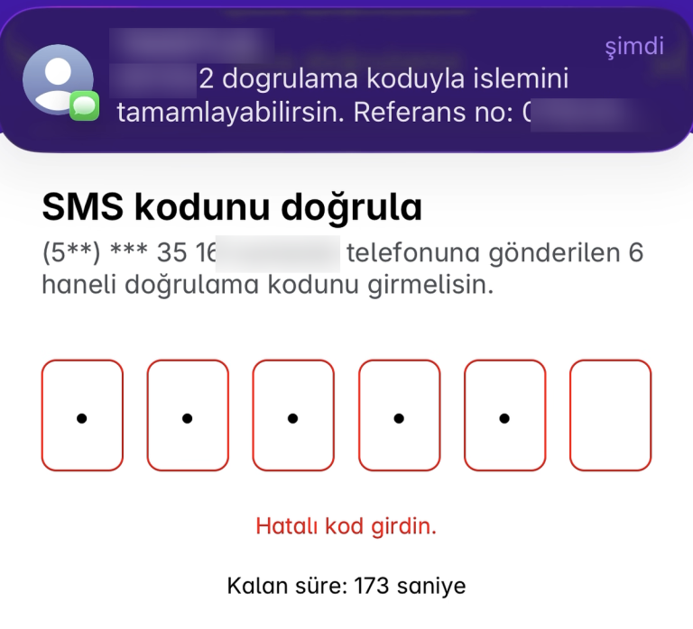 SMS ile gelen referans numarası ve tamamlanmayan giriş ekranı: observability örneği