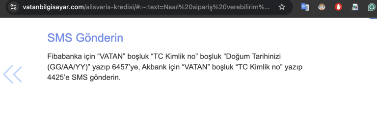 Vatan Bilgisayar web sitesindeki SMS başvuru talimatı: Fibabanka için VATAN, TC kimlik no ve doğum tarihi GG/AA/YY formatında 6457'ye gönderilmesi isteniyor.