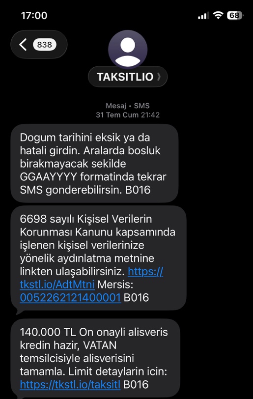 Taksitlio SMS akışı: format hatası, KVKK aydınlatma metni linki ve 140.000 TL ön onaylı alışveriş kredisi bildirimi.