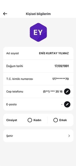 Taksitlio uygulamasının Kişisel bilgilerim ekranı: doğum tarihi 17/09/1991 olarak doğru ve eksiksiz görünüyor.