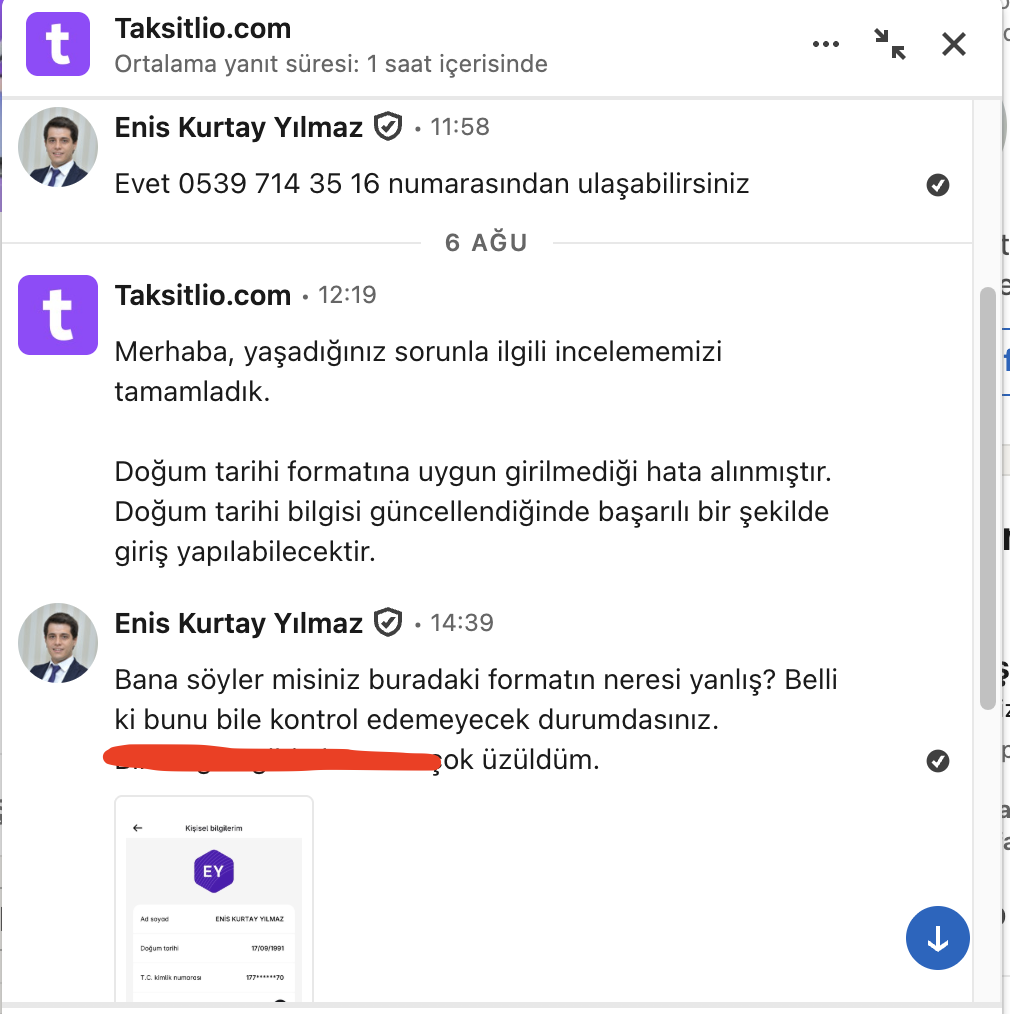 LinkedIn DM yazışması: Taksitlio incelemeyi tamamladığını ve doğum tarihi formatının hatalı girildiğini söylüyor; kullanıcı doğru formatta girdiğini ekran görüntüsüyle gösteriyor.