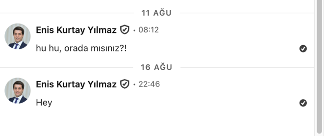 11 ve 16 Ağustos tarihli, yanıtsız kalan iki LinkedIn mesajı.